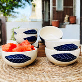 Patram Hand Painted Ceramic Dinner Set Of 20 Pieces With Serving Bowls - White & Blue | 6 Dinner Plates + 6 Side Plates+ 6 Katori Bowls, 180ml Each + 2 Serving Bowls, 800ml Each | Serving For 6